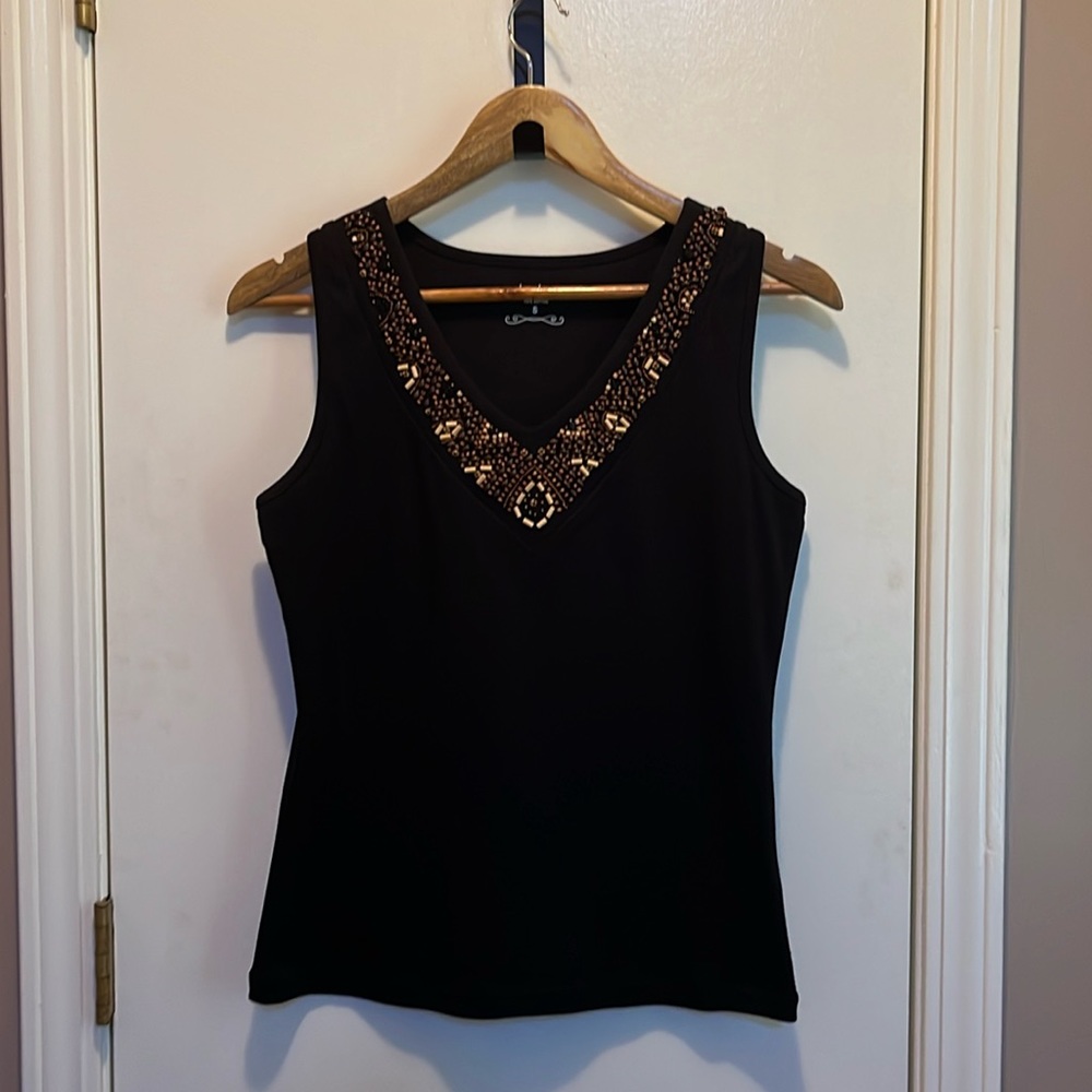 Black V-neck beaded, cotton tank top.